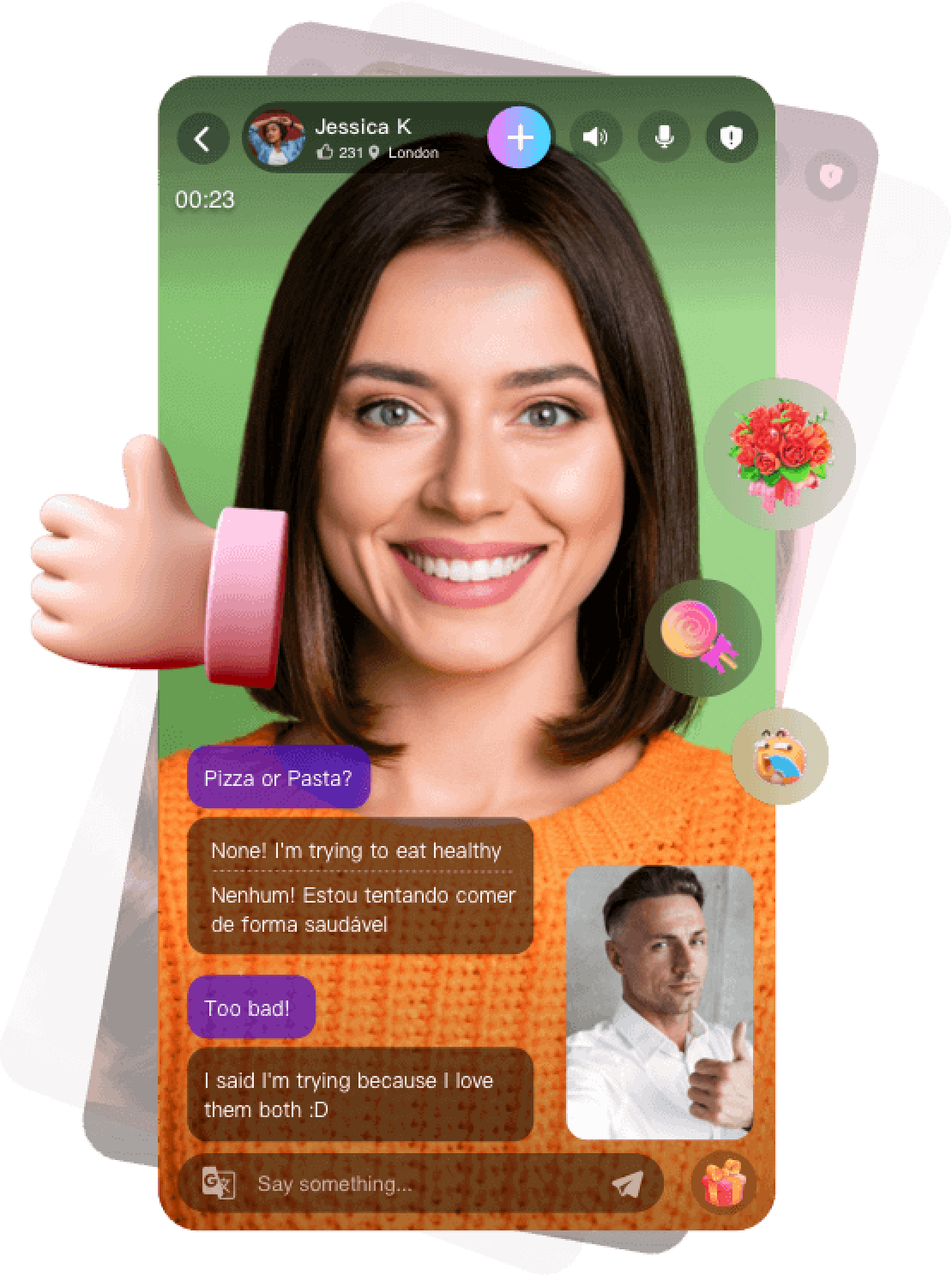 Video chat interface on GoMeet.today showcasing the live language translation. 